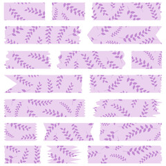 Set of purple washi tapes with leaves pattern isolated on white. Washi tape collection in vector. Pieces of decorative tape for albums. Torn paper	