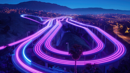 Looping, neon-lit highway at night, with glowing purple and blue trails of light, cutting through a vast, illuminated cityscape.