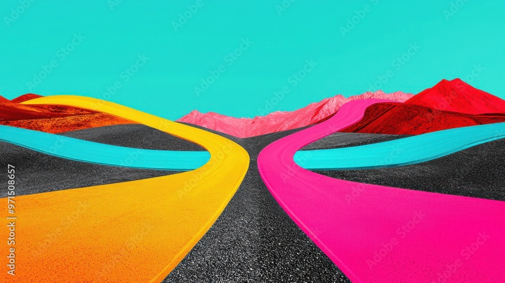 Poster a forked road in an abstract landscape with multiple colorful paths, each representing different cho