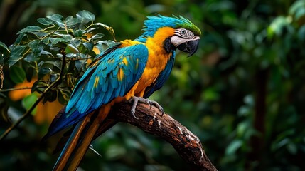 Obraz premium A blue-and-yellow parrot perches on a tree branch amidst a lush, green forest filled with leafy trees