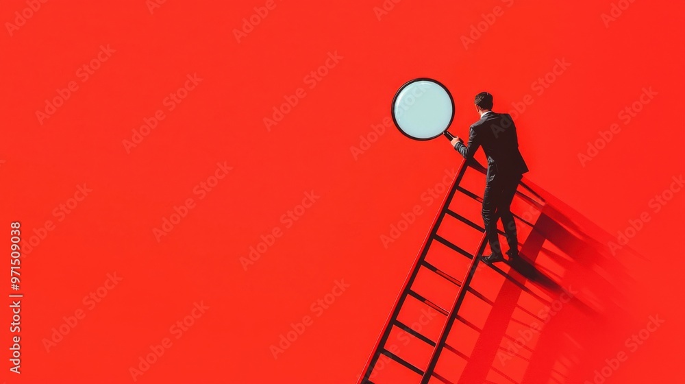 Poster a fragmented ladder with missing rungs, and a person analyzing it with a magnifying glass, represent