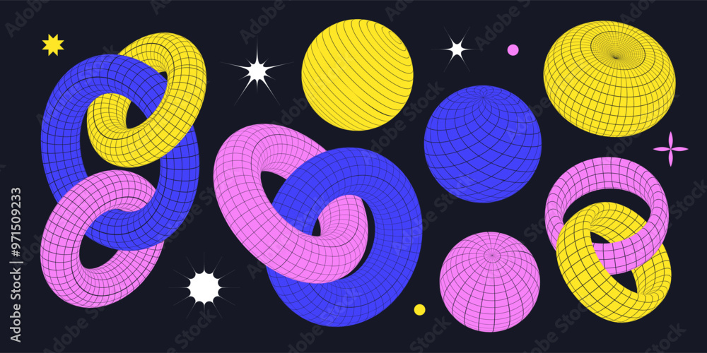 Poster rave psychedelic retro futuristic grid element set. surreal geometric shapes, intertwined rings, wir