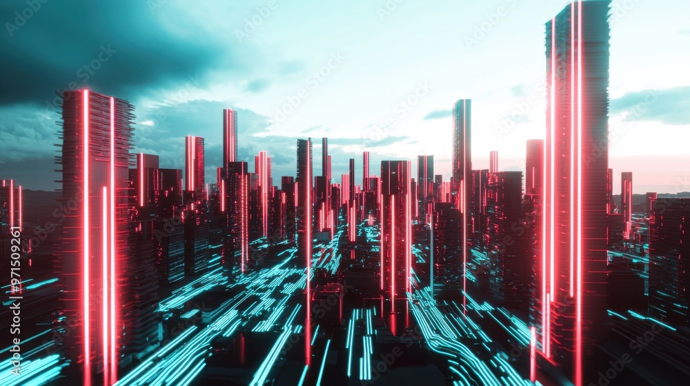 Poster a futuristic city skyline with glowing data streams flowing between buildings, illustrating the conc