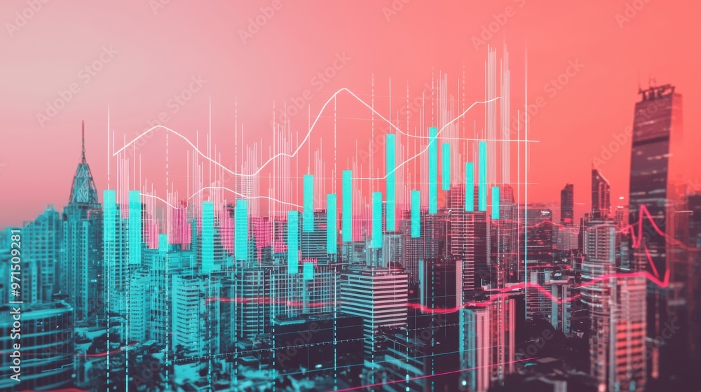 Aufkleber a futuristic city skyline with digital graphs and bar charts integrated into the architecture, visua