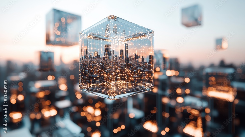 Poster a futuristic city skyline with transparent cubes floating above it, each representing different aspe
