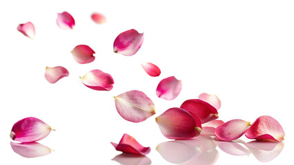 Rose flower petals flying, isolated on white, transparent png.