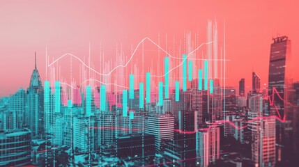 A futuristic city skyline with digital graphs and bar charts integrated into the architecture, visualizing the concept of investment return through growth