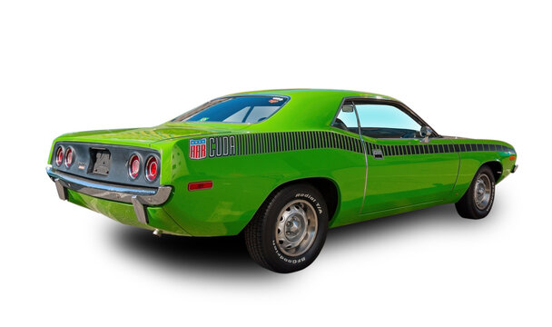1973 Plymouth Barracuda is a two-door pony car. White background.