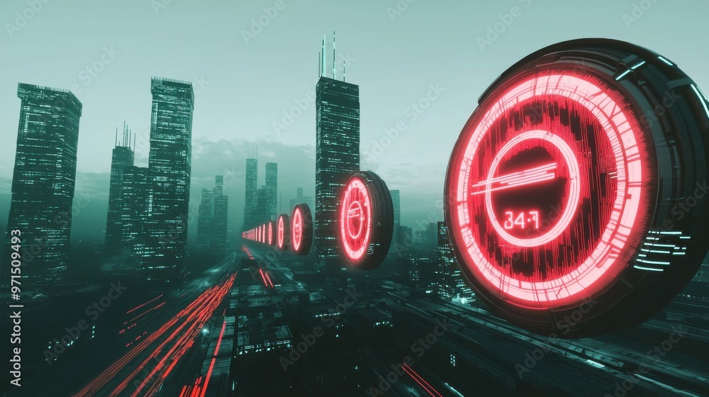 Poster a futuristic cityscape with large, digital countdown timers hovering over skyscrapers, signaling app