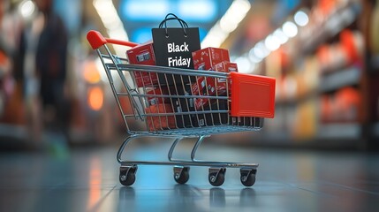 Shopping Cart Overflowing with Packages and 'Black Friday' Sign