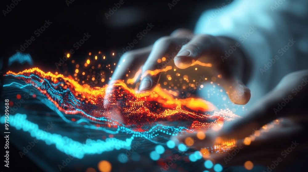 Poster a futuristic hologram of a person holding a tablet with digital graphs and performance charts projec
