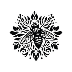 flies in folk art black and white silhouette illustration