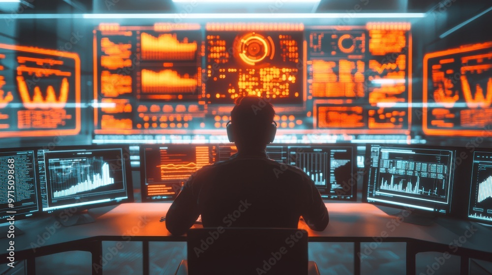 Poster a futuristic workspace with holographic screens showing abstract data points and performance indicat