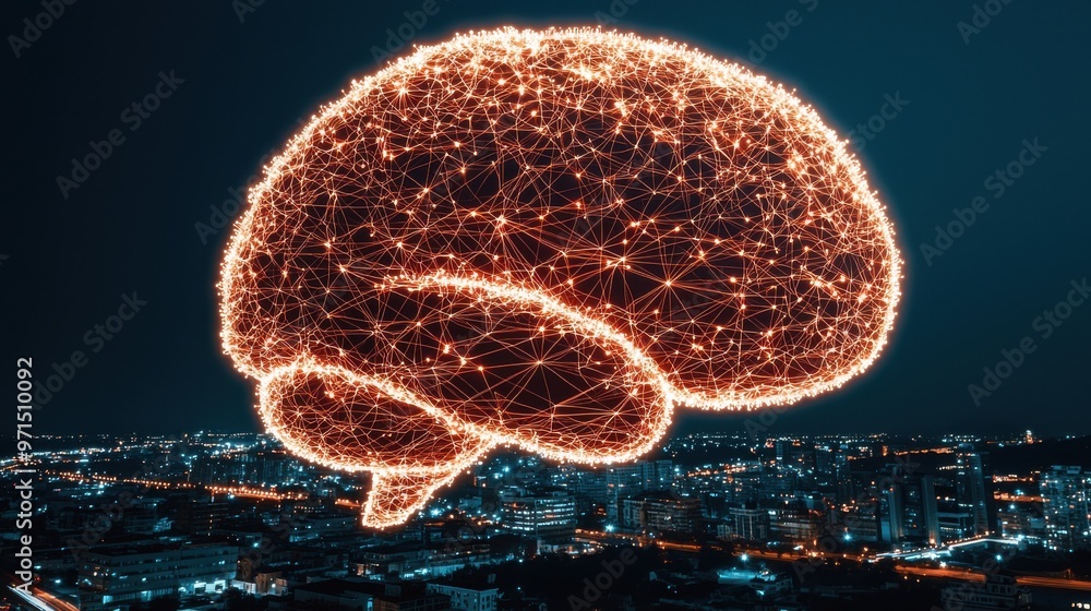 Poster a giant glowing brain formed from interconnected data points and lines, hovering above a cityscape, 