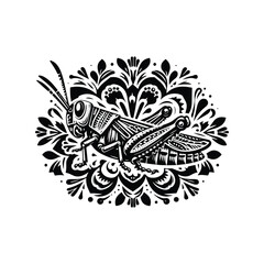 Grasshopper in folk art black and white silhouette illustration