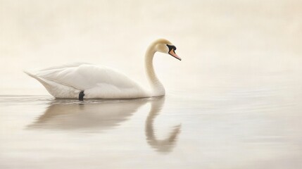 Obraz premium A Single Swan Swimming in Still Water with a Soft, Light Background