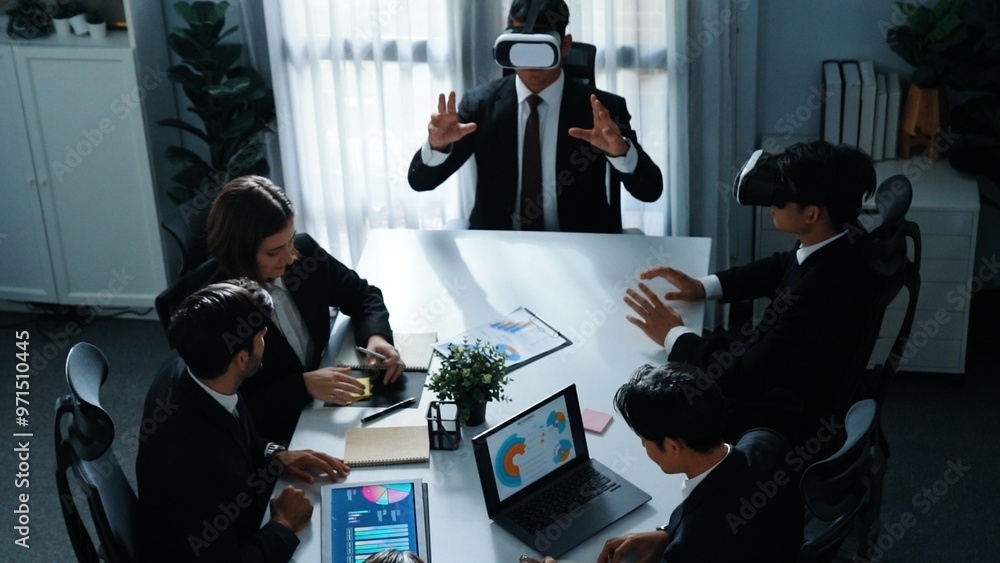 Poster top view of manager working on laptop and sending data analysis to business people by using vr glass