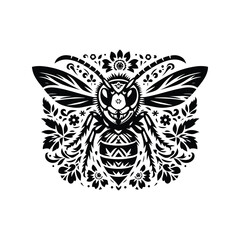 hornet in folk art black and white silhouette illustration