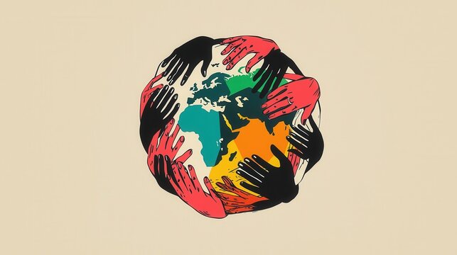 A globe made up of different hands of all shapes and colors holding it up, global unity and inclusion of diverse cultures