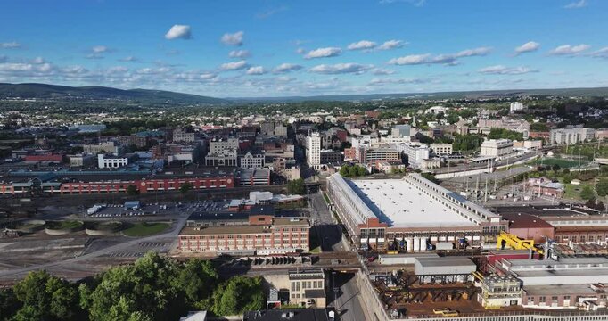 Late summer, early fall aerial, drone, video of the Scranton Pennsylvania skyline.  September 2024.