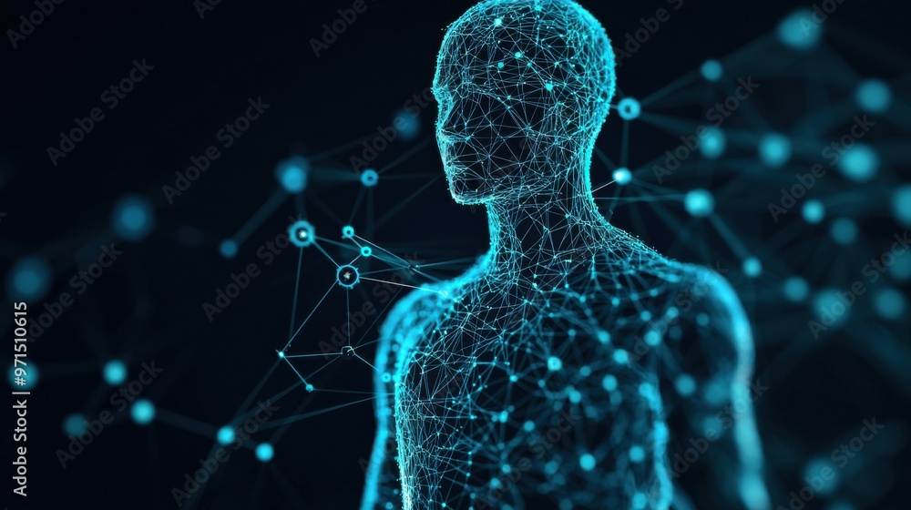 Poster a glowing blueprint of a human figure filled with gears and circuits, surrounded by connected dots r