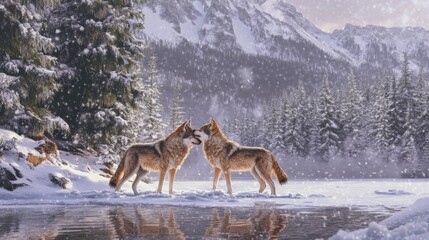 Two Wolves Standing on Snowy Shoreline by Frozen Lake with Mountain Range in Background