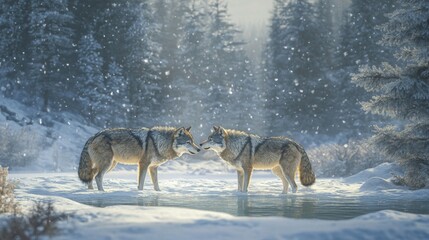 Fototapeta premium Two Wolves Facing Each Other in a Snowy Forest