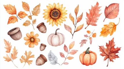 Watercolor Autumn Harvest Elements Set