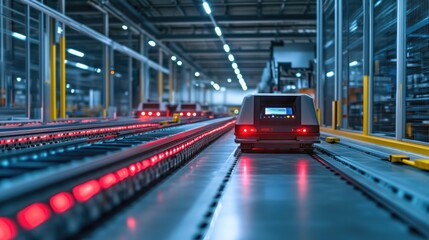 Automated guided vehicles (AGVs) move along a conveyor belt system in a modern warehouse.
