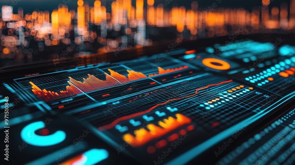 Aufkleber a glowing digital dashboard with multiple data charts and graphs, floating in midair, with a sleek m