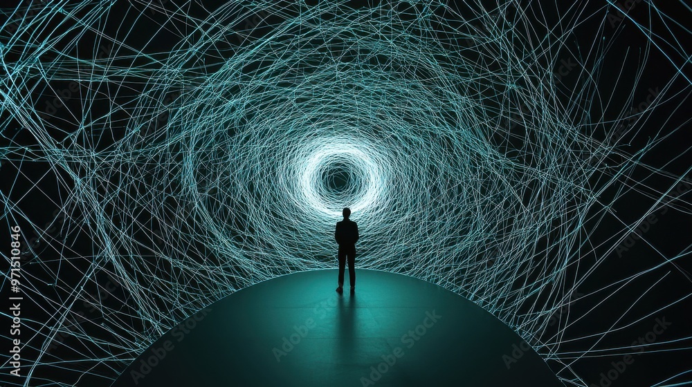 Poster a glowing circular web of interconnected lines and dots, with a central figure standing in the middl