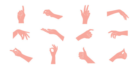 Hands in different gestures. Human hands icon set. Fingers and palm gesture. Vector