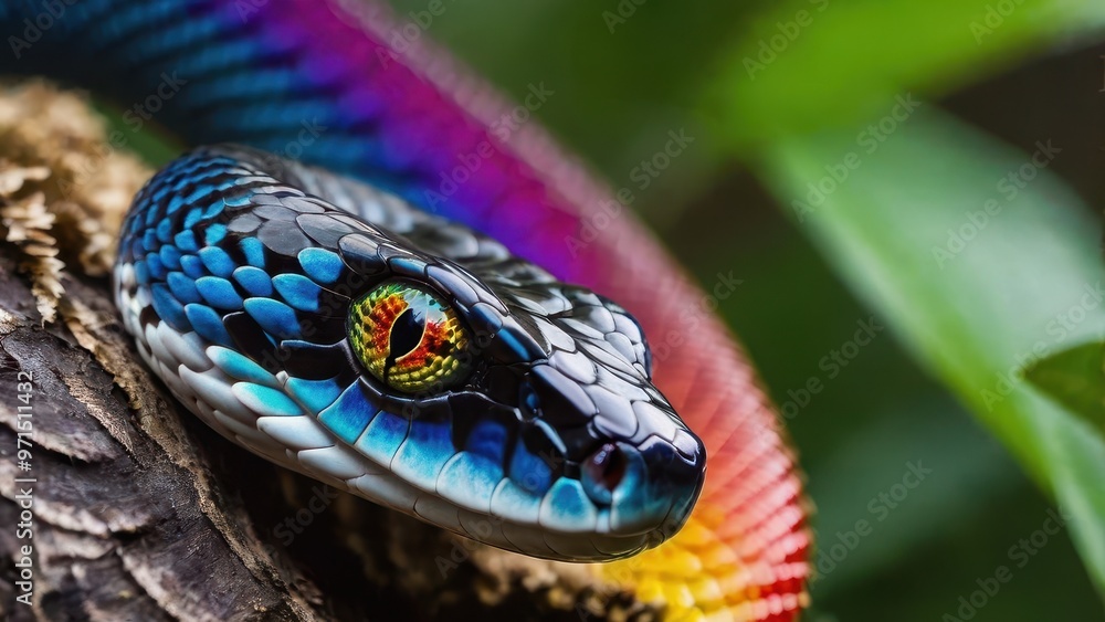 Poster a vibrant, close-up image of a colorful snake resting on a branch.