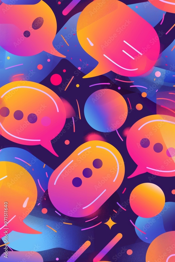Poster a vibrant and colorful pattern featuring speech bubbles and abstract shapes. the design incorporates