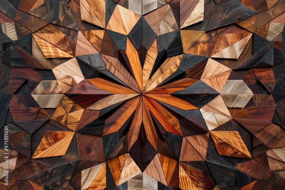 Poster a vibrant geometric pattern made from various types of wood, showcasing a star-like design with intr