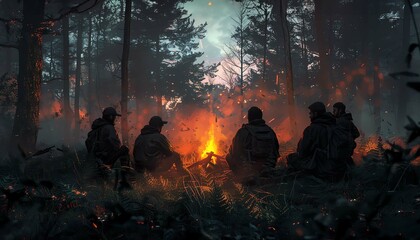 Rebel group around a campfire in the forest, plotting against an oppressive regime, urgency in their faces