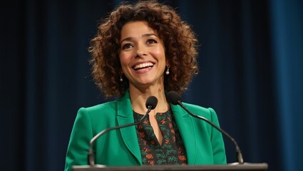 Confident Hispanic woman speaking at podium in green jacket with curly hair