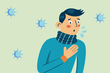 Coughing man vector flat character illustration. Flu symptoms. Viruses flying around