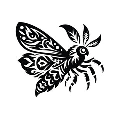 Moth in folk art black and white silhouette illustration