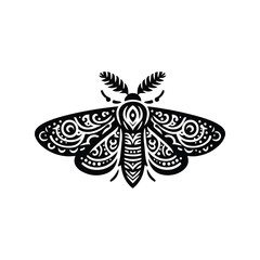 Moth in folk art black and white silhouette illustration