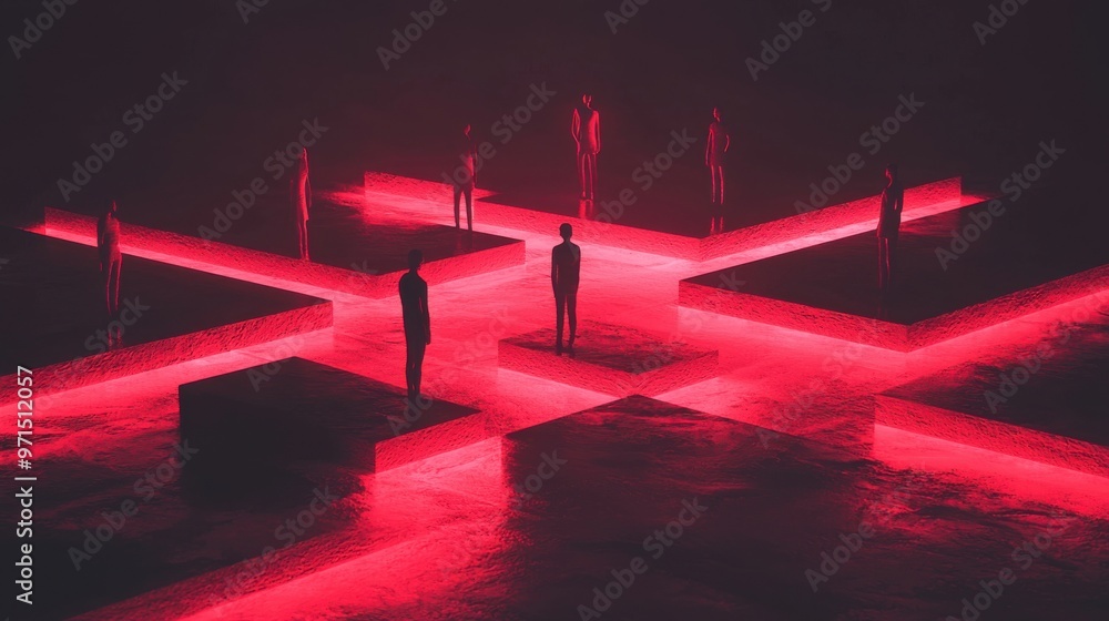 Poster a group of abstract figures standing on different platforms at various heights, but all connected by