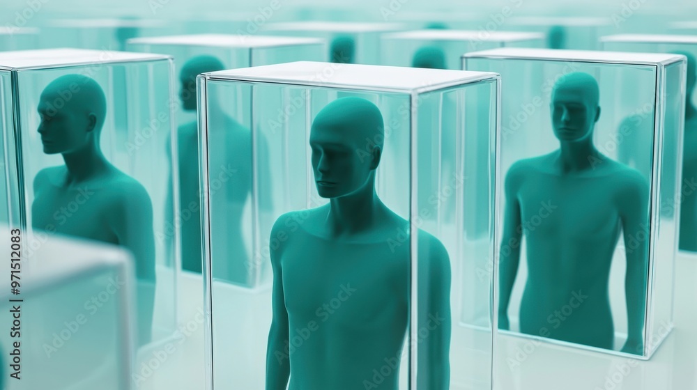 Poster a group of abstract human figures inside individual transparent cubes, unable to connect with each o