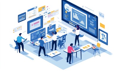 A team of five professionals working together, surrounded by monitors with data and charts.