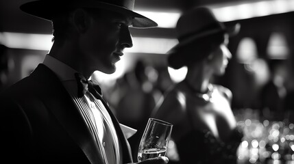 Undercover agent, glamorous party, elegant attire, dim light, sophisticated, secretive