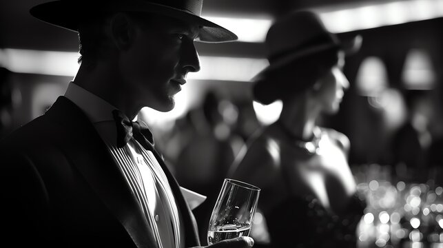 Undercover agent, glamorous party, elegant attire, dim light, sophisticated, secretive