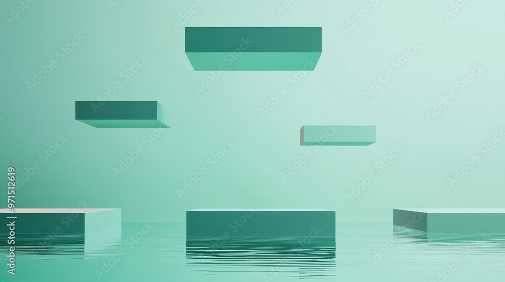 Poster a group of floating platforms at different heights, with one platform above the others, representing
