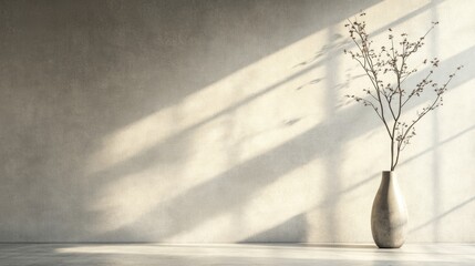 Modern Living Room Interior with Stucco Wall and Tree Branch Vase