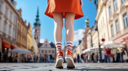 Woman Walking in City Street  Orange Dress  Sneakers  Back View