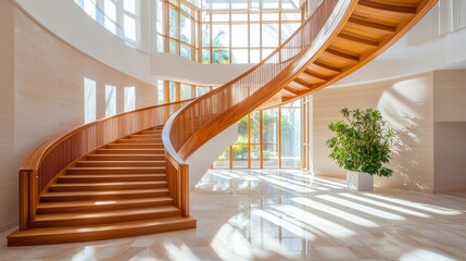 Obraz premium In a sizable room, a spiraled staircase is positioned, leading to an upper level At the room's remote end opposite the staircase stands a potted plant