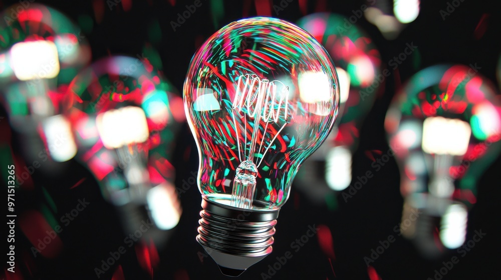 Poster a group of light bulbs floating in the air, each one emitting a different pattern of lines and color